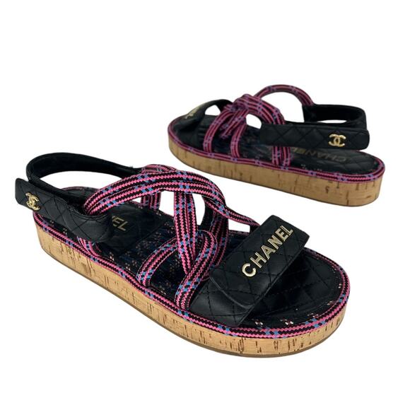 Chanel 2020 Cord Lambskin Quilted Logo Sandals Pink Black - Picture 1 of 14